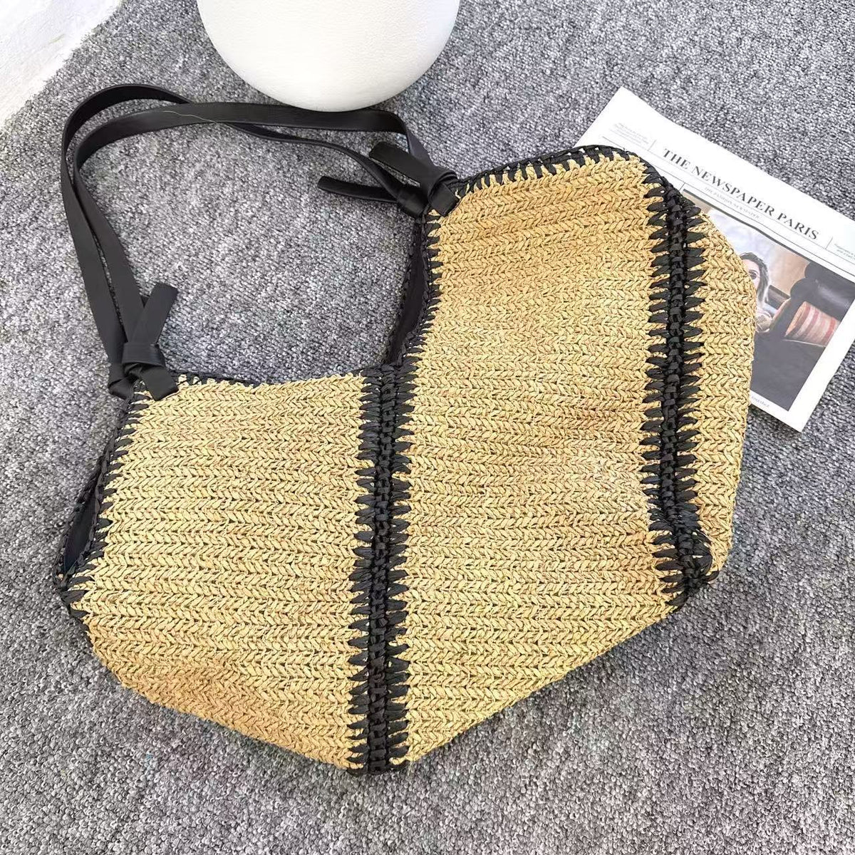 Causal Diagonal Stripe Straw Bag