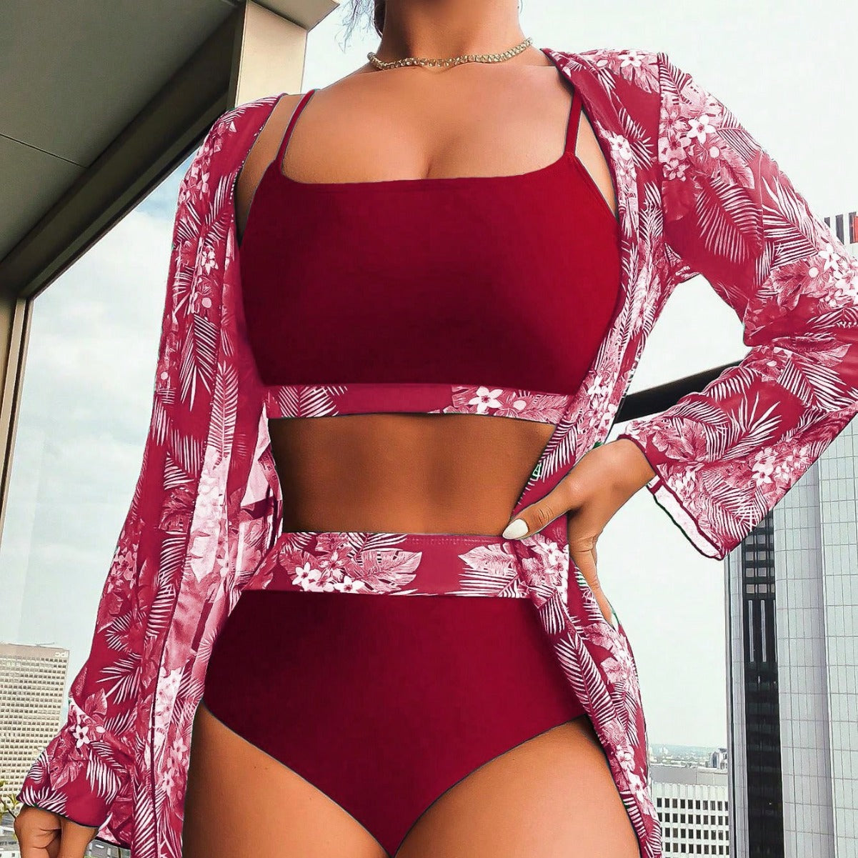 Maple Leaf Print 3PC Long Sleeve Bikini