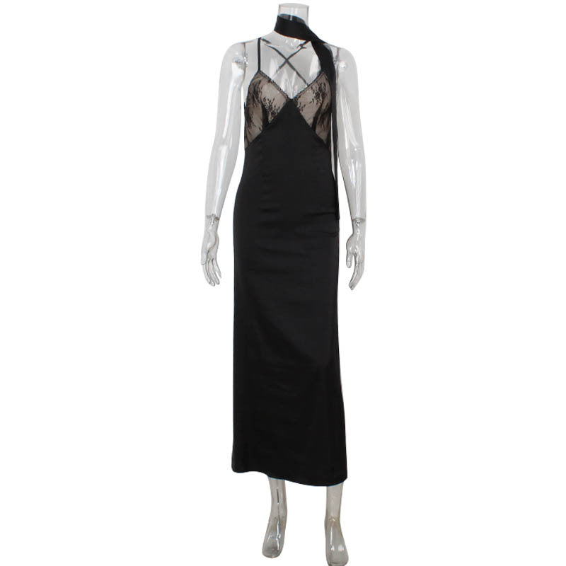 Formal Sexy Lace Stitching Seductive V neck Sling Dress with Scarf