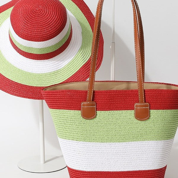 Striped Woven Straw Beachy Set