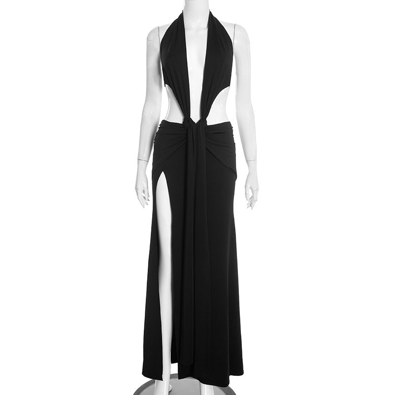 Formal  Sexy Backless Deep V Plunge Ribbon Maxi Dress