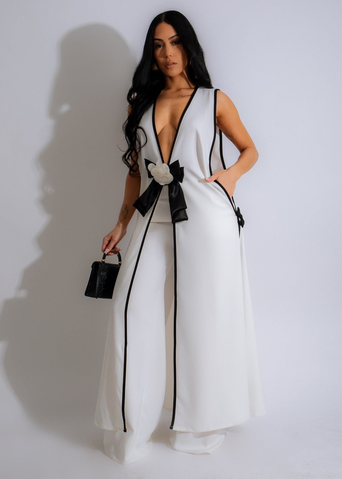 Camellia Couture Bow Sleeveless Long Vest Wide Leg Pants Set