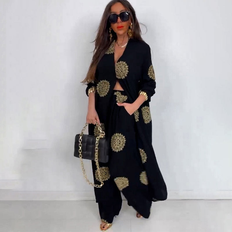 Elegant Print Wide Leg Pants Two Piece Set
