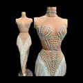 Formal Sparkly Rhinestone, Pearl & Tassel Transparent Gown
