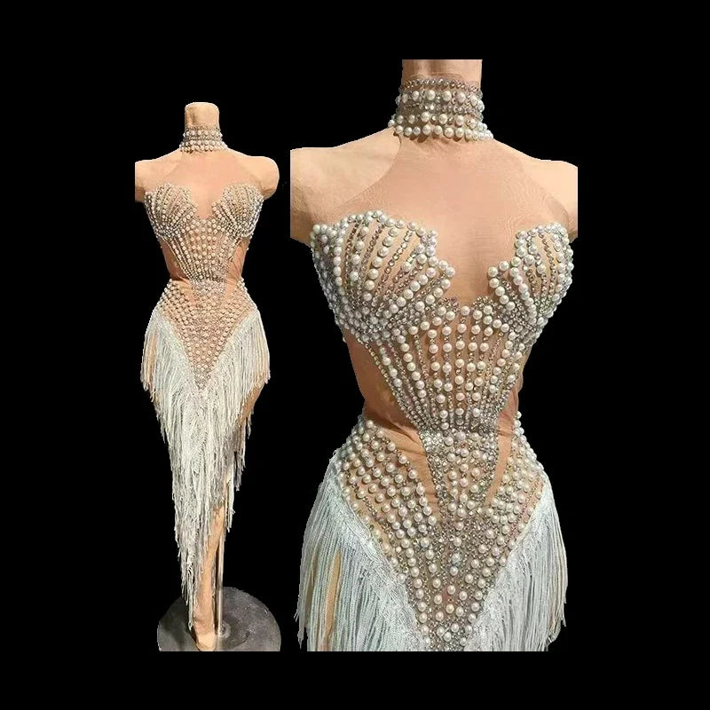 Formal Sparkly Rhinestone, Pearl & Tassel Transparent Gown