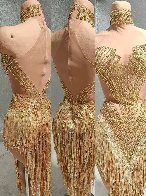Formal Sparkly Rhinestone, Pearl & Tassel Transparent Gown