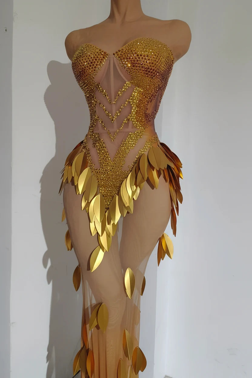 Gold Rhinestone Diamond Leaf Mesh Strapless Long Stage Gown Costume