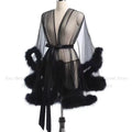 Sheer Mesh & Plush Feather Trim Long Sleeve Robe Lingerie Stage Costume