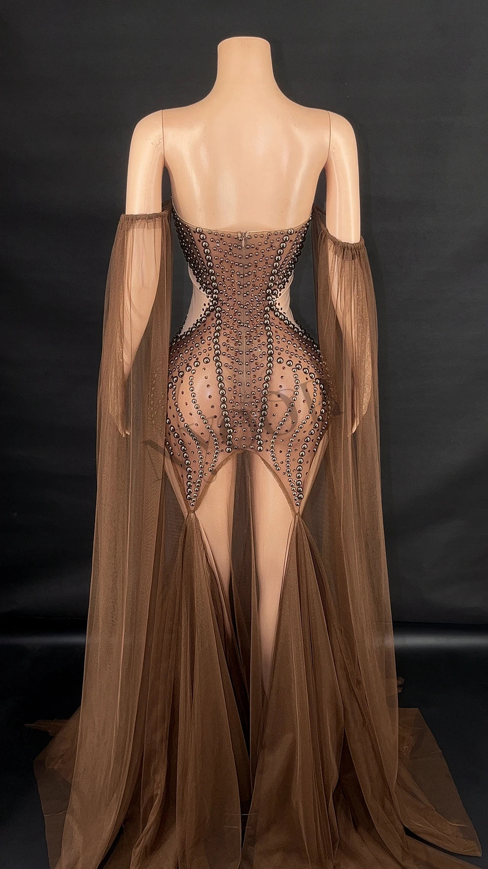 Rhinestone & Pearl Off-Shoulder Sheer Illusion Long Dress Gala Evening Costume