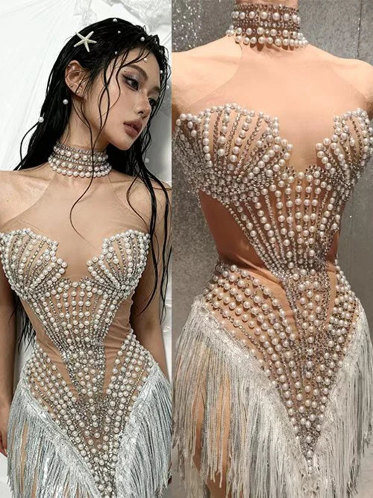 Formal Sparkly Rhinestone, Pearl & Tassel Transparent Gown