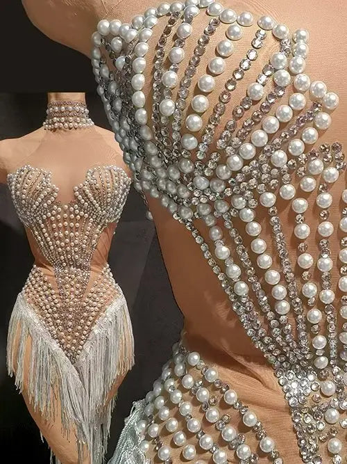 Formal Sparkly Rhinestone, Pearl & Tassel Transparent Gown