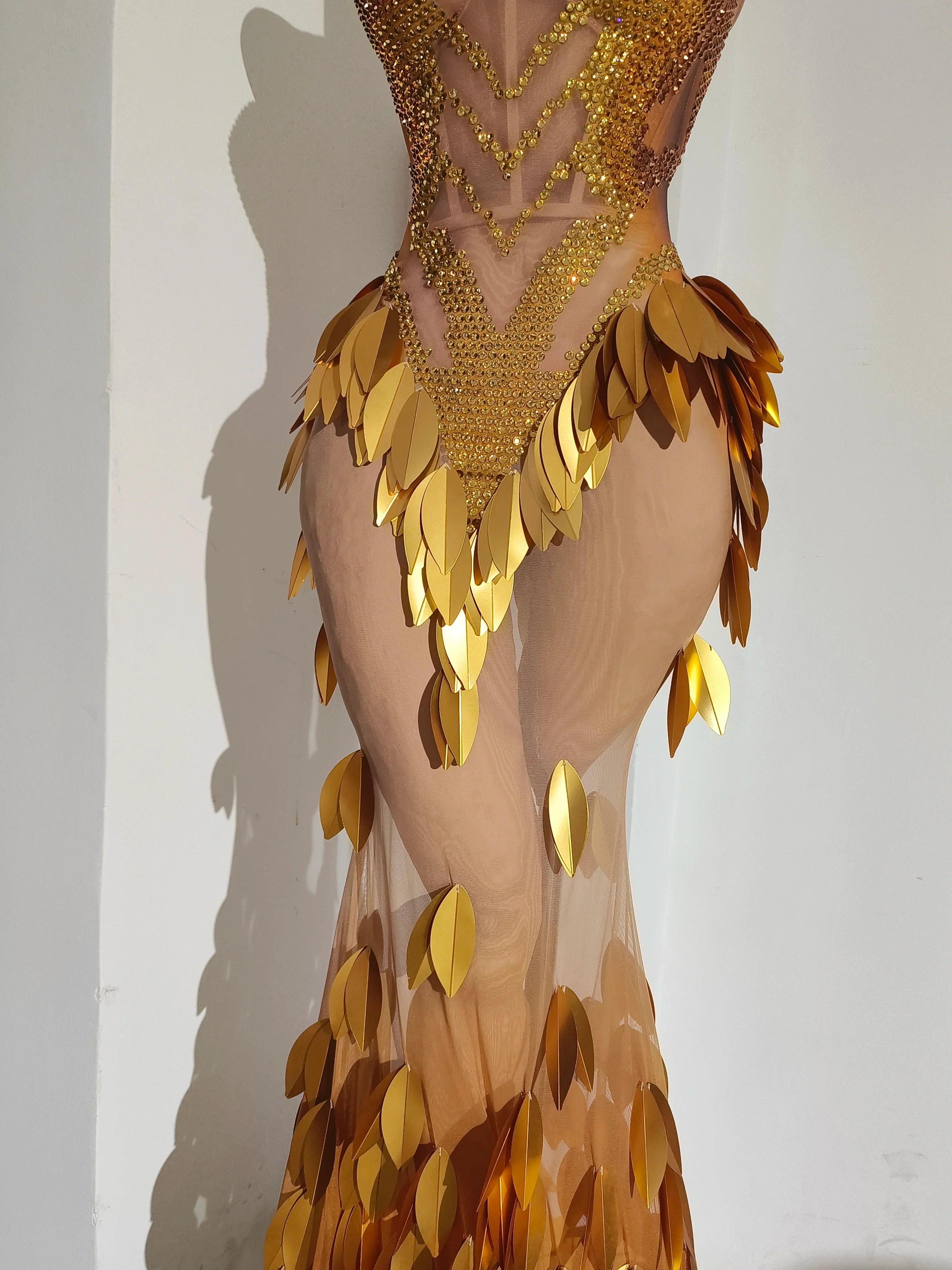 Gold Rhinestone Diamond Leaf Mesh Strapless Long Stage Gown Costume