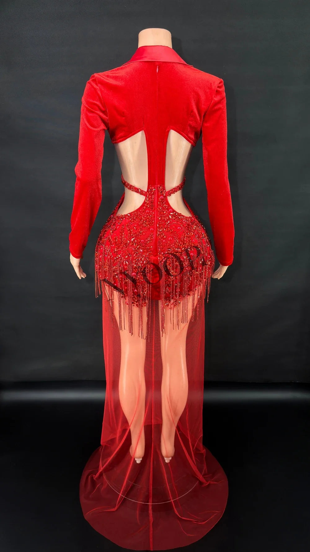 Formal Red Rhinestone Sheer Mesh Long Evening Gown