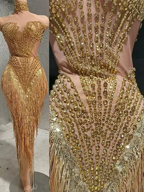 Formal Sparkly Rhinestone, Pearl & Tassel Transparent Gown