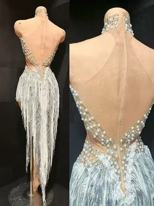 Formal Sparkly Rhinestone, Pearl & Tassel Transparent Gown