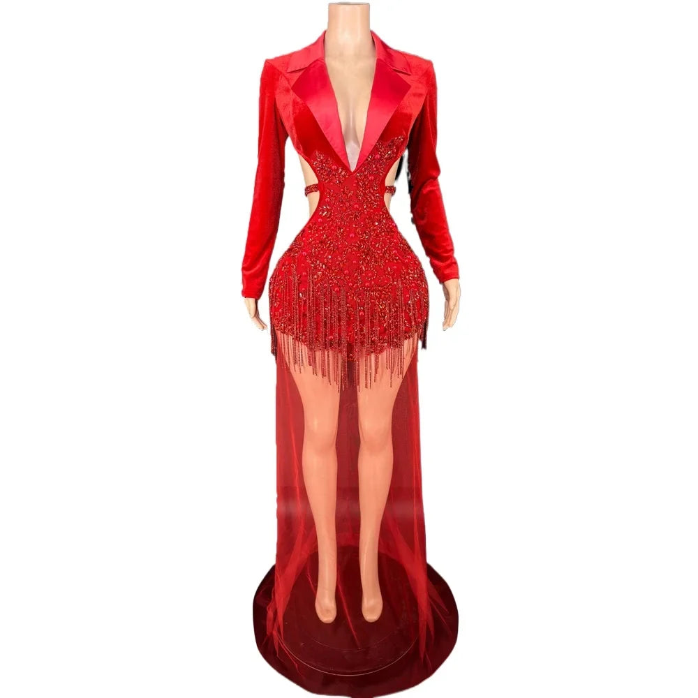 Formal Red Rhinestone Sheer Mesh Long Evening Gown
