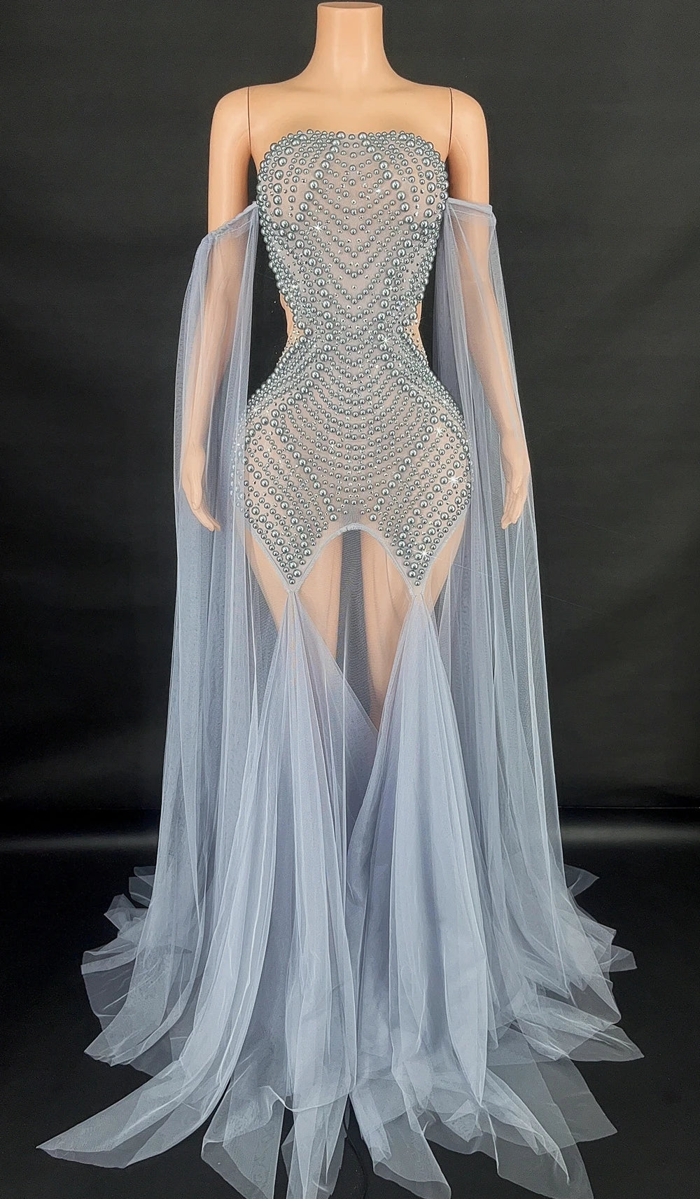 Rhinestone & Pearl Off-Shoulder Sheer Illusion Long Dress Gala Evening Costume