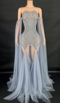 Rhinestone & Pearl Off-Shoulder Sheer Illusion Long Dress Gala Evening Costume