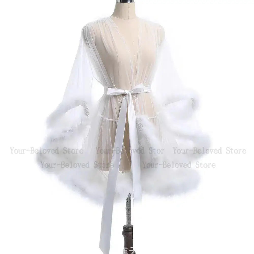 Sheer Mesh & Plush Feather Trim Long Sleeve Robe Lingerie Stage Costume