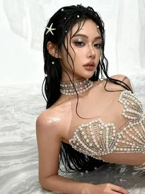 Formal Sparkly Rhinestone, Pearl & Tassel Transparent Gown