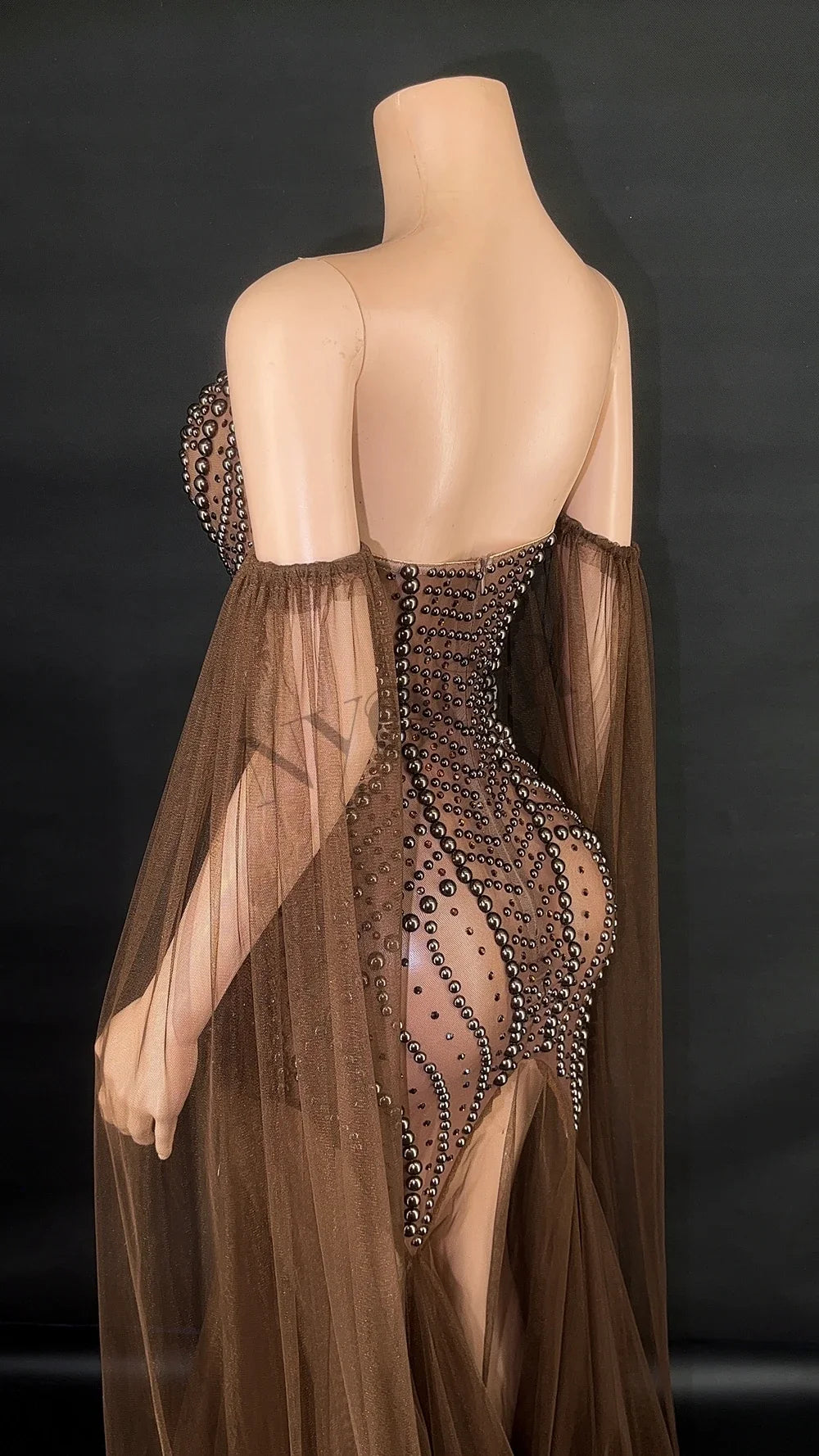 Rhinestone & Pearl Off-Shoulder Sheer Illusion Long Dress Gala Evening Costume