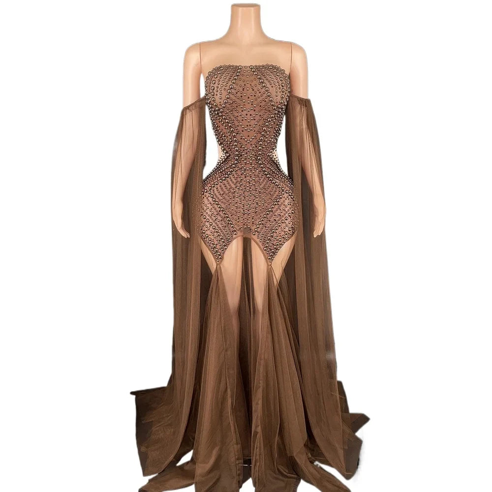 Rhinestone & Pearl Off-Shoulder Sheer Illusion Long Dress Gala Evening Costume