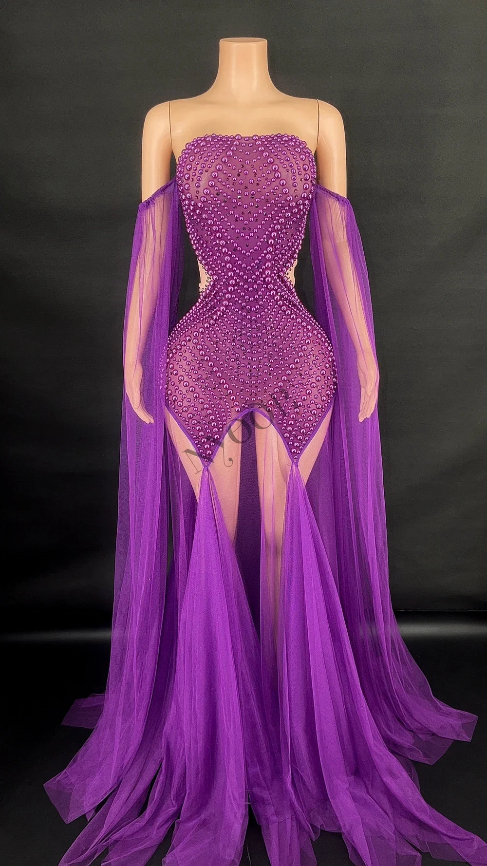 Rhinestone & Pearl Off-Shoulder Sheer Illusion Long Dress Gala Evening Costume