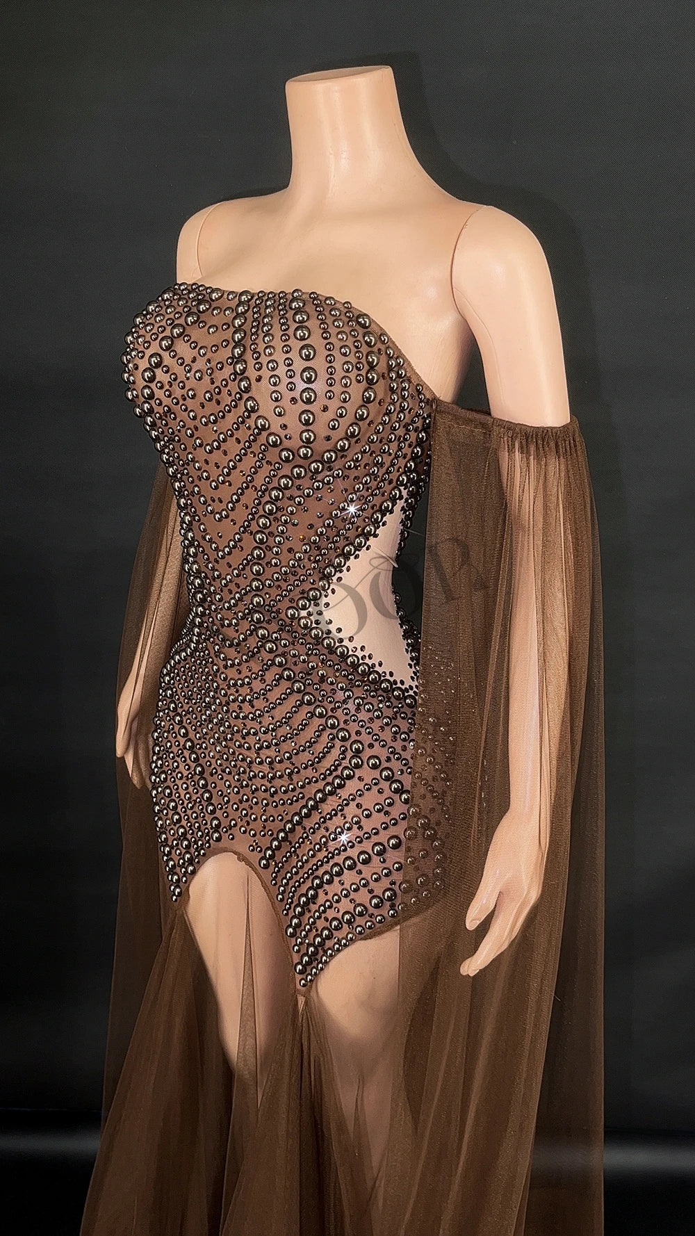 Rhinestone & Pearl Off-Shoulder Sheer Illusion Long Dress Gala Evening Costume