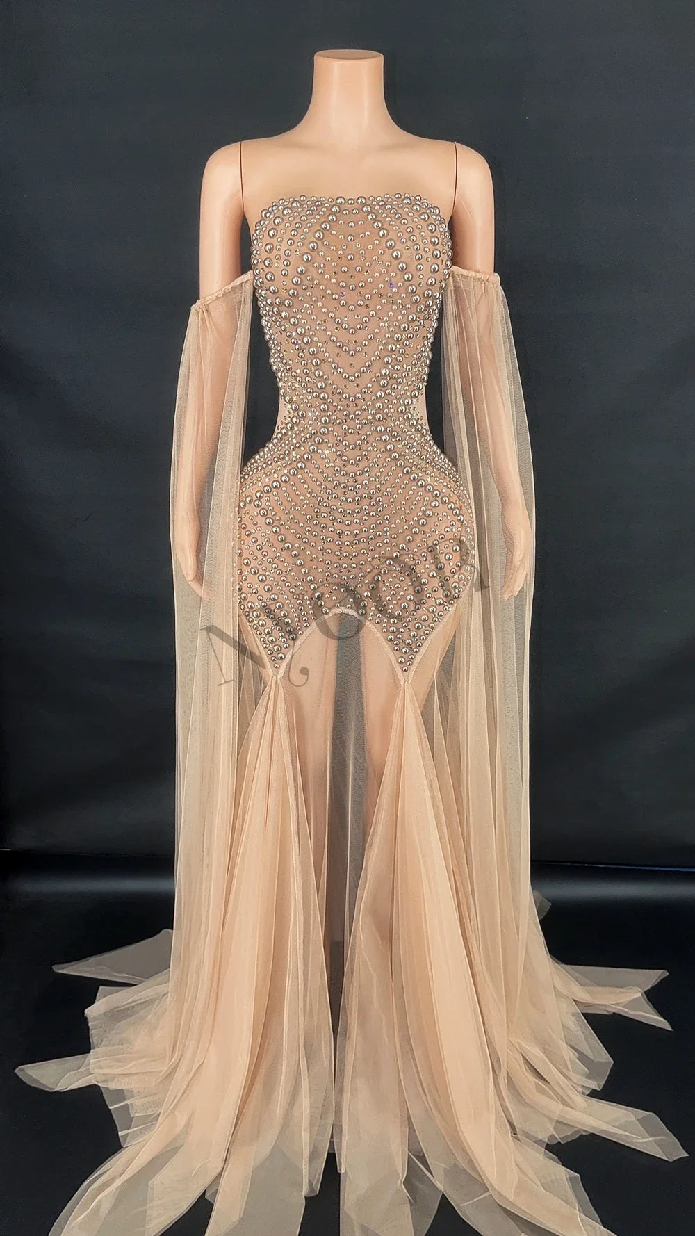 Rhinestone & Pearl Off-Shoulder Sheer Illusion Long Dress Gala Evening Costume
