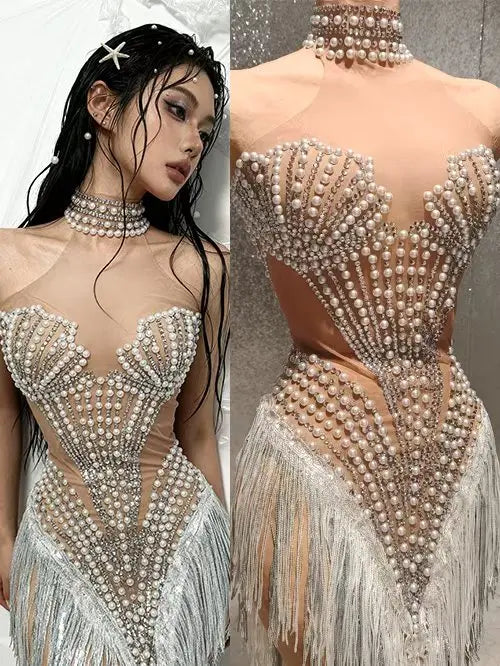 Formal Sparkly Rhinestone, Pearl & Tassel Transparent Gown