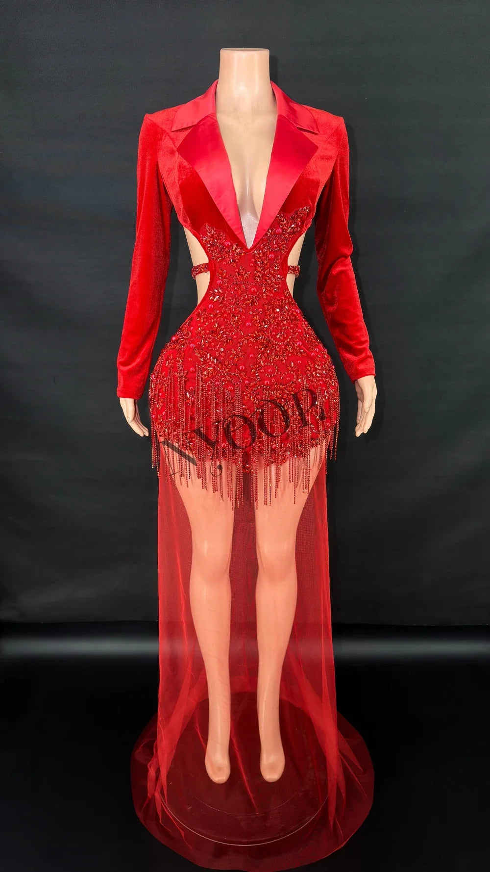 Formal Red Rhinestone Sheer Mesh Long Evening Gown