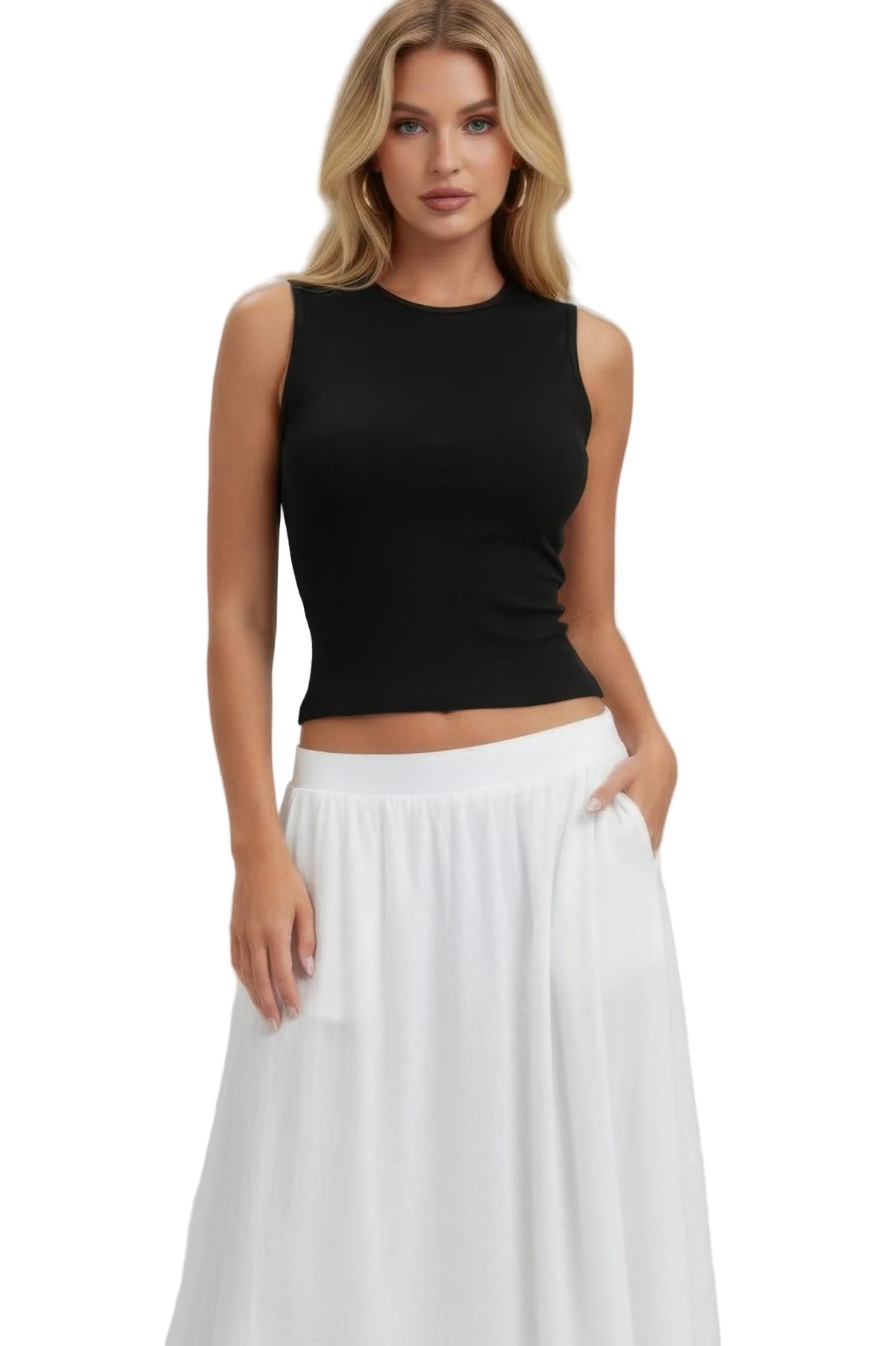 Sleeveless Mock Neck Top With Adjustable Side Slit Tie