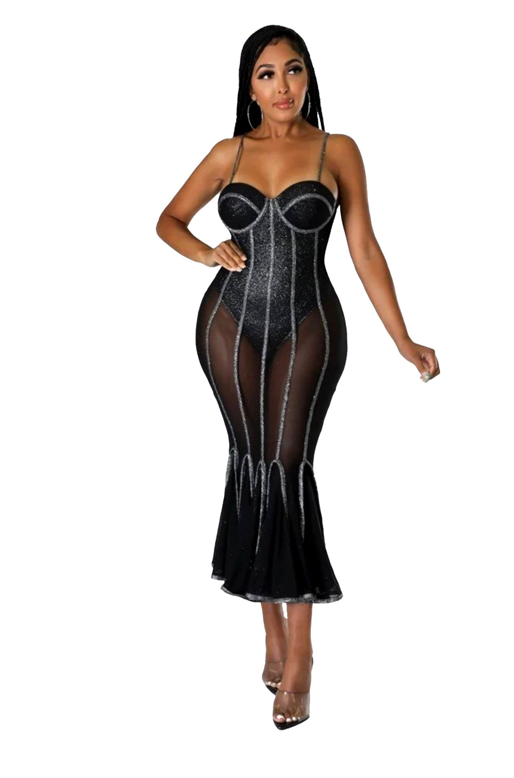 Black Sexy Rhinestone Sweetheart Nylon Dress {Bodysuit Attached}