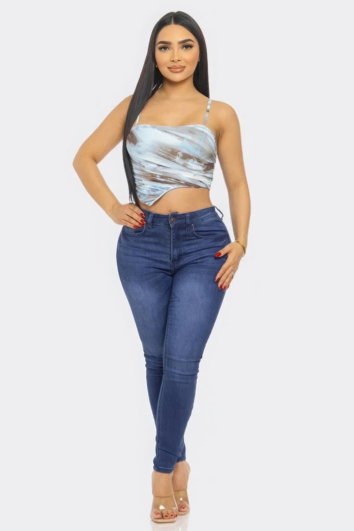 Blue Multicolor Mesh Print Top