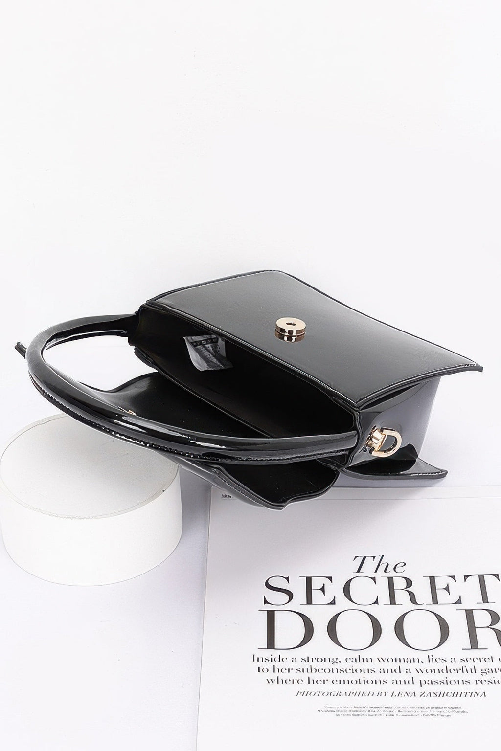 Enamel Top Handle Flap Bag with Crossbody Strap