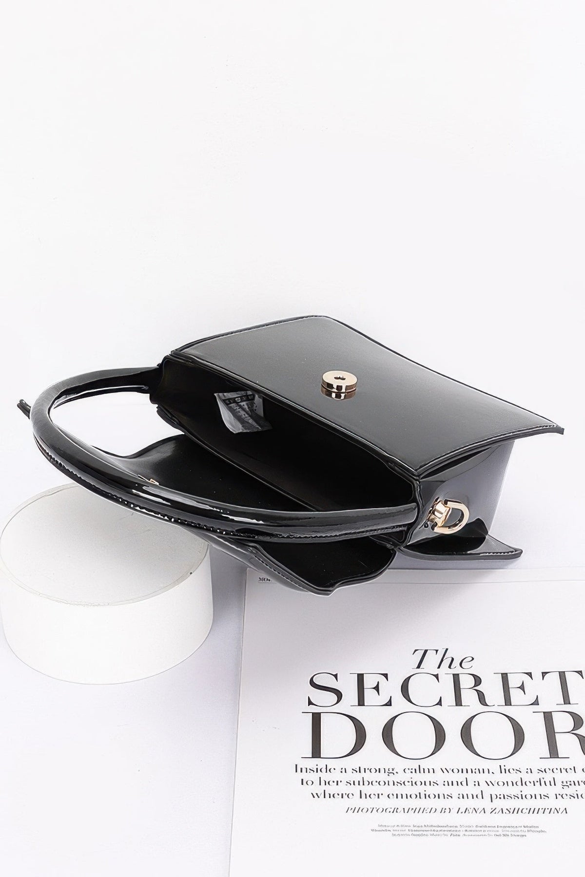 Enamel Top Handle Flap Bag with Crossbody Strap