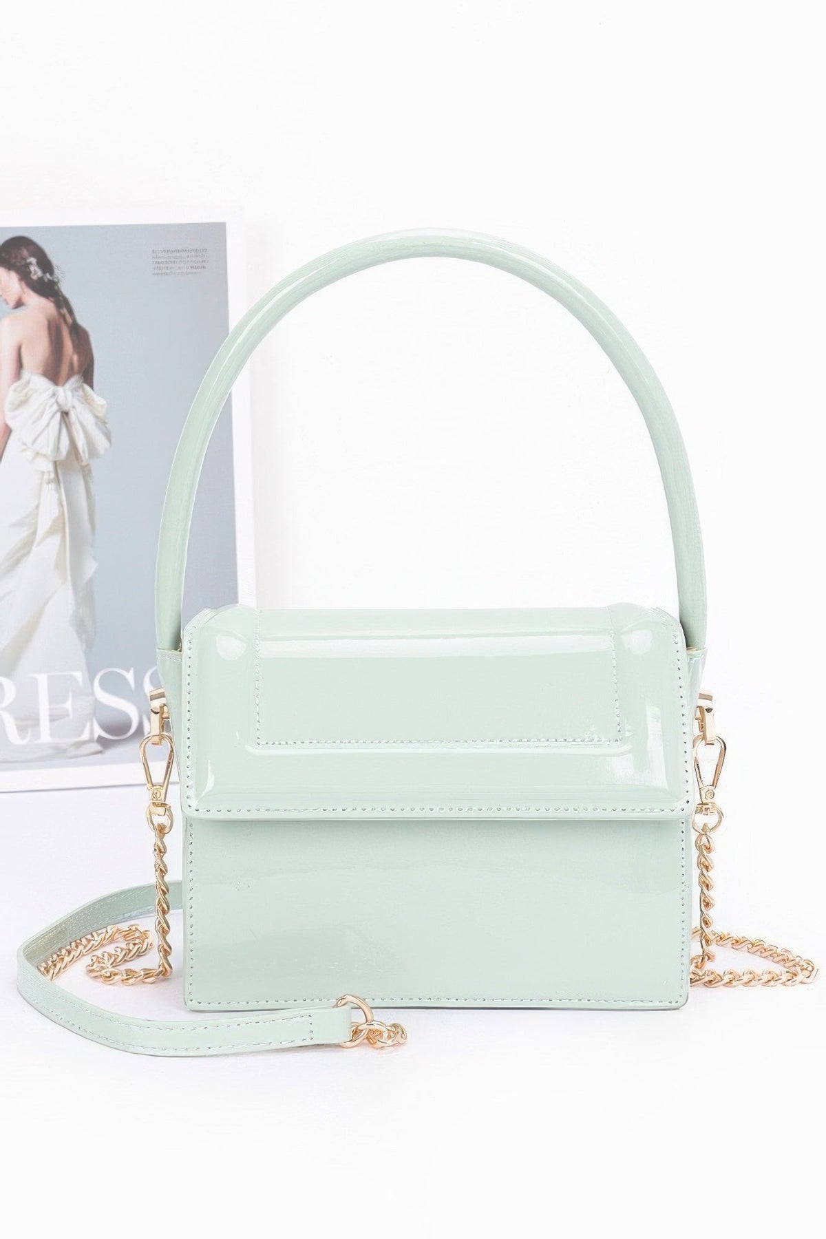 Enamel Top Handle Flap Bag with Crossbody Strap