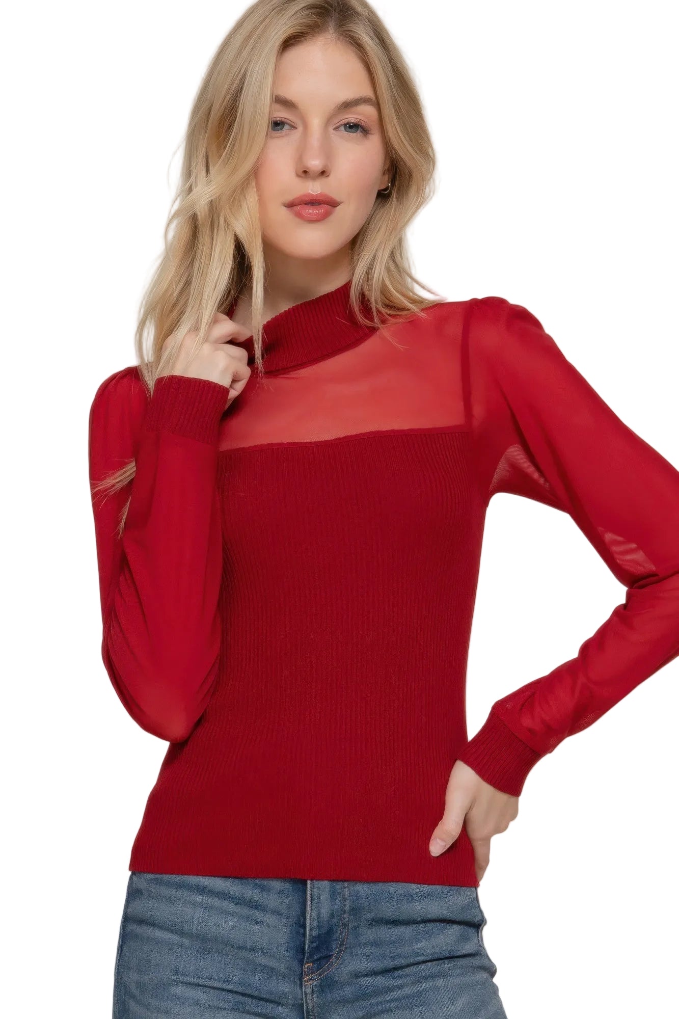 Long Sleeve Mesh Panel Detail Sweater Top
