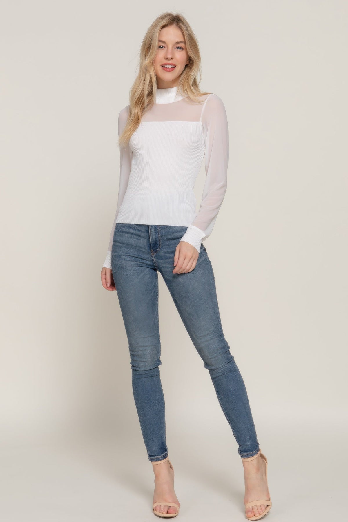 Long Sleve Mesh Panel Detail Sweater Top