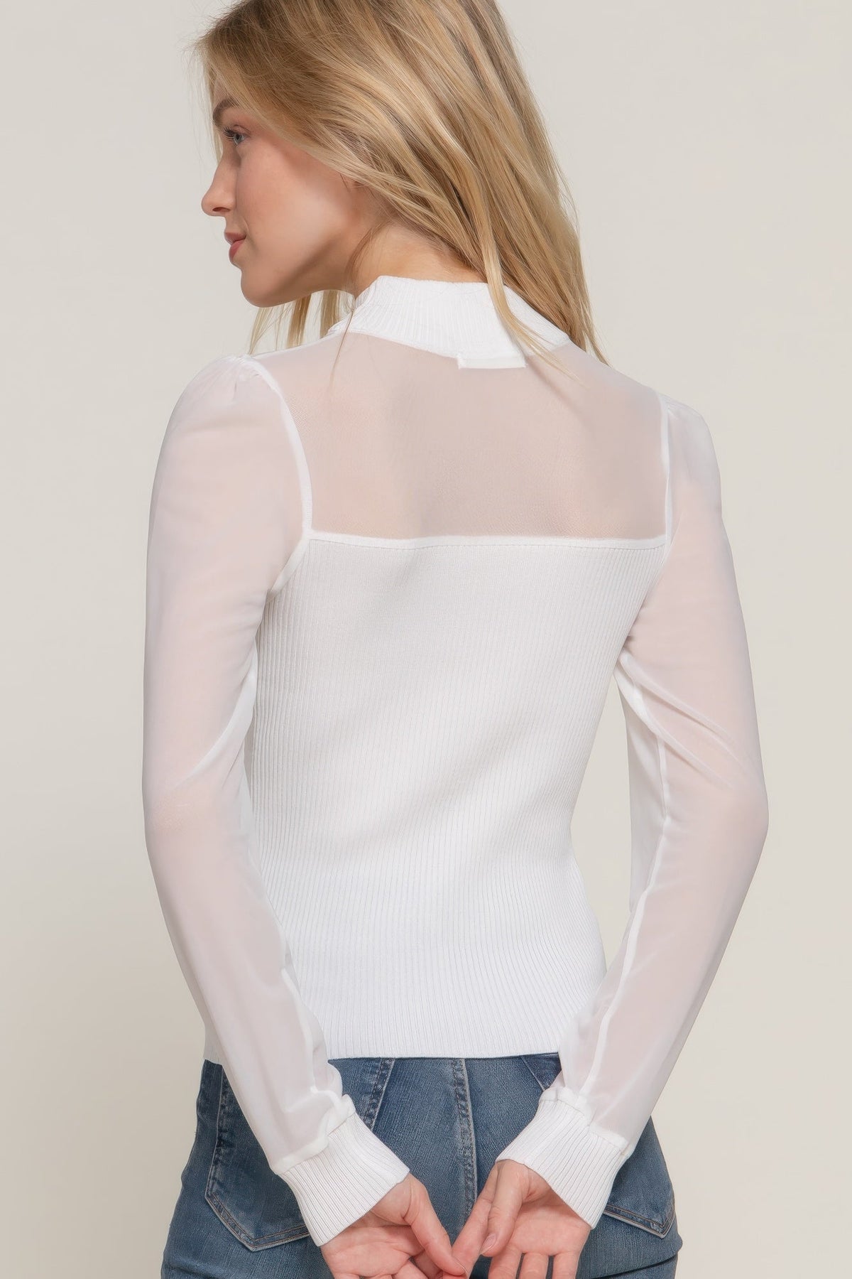 Long Sleve Mesh Panel Detail Sweater Top