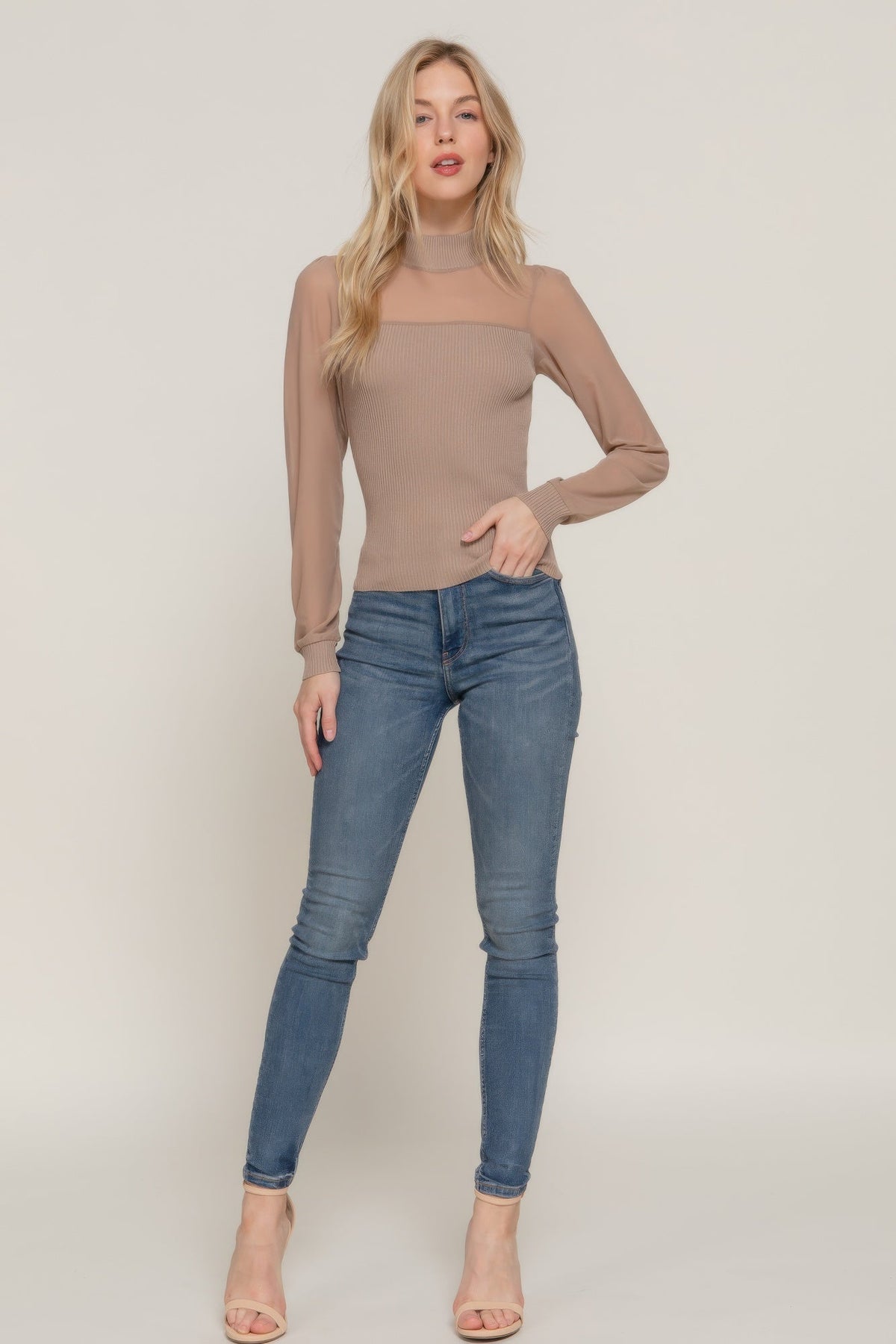 Long Sleve Mesh Panel Detail Sweater Top