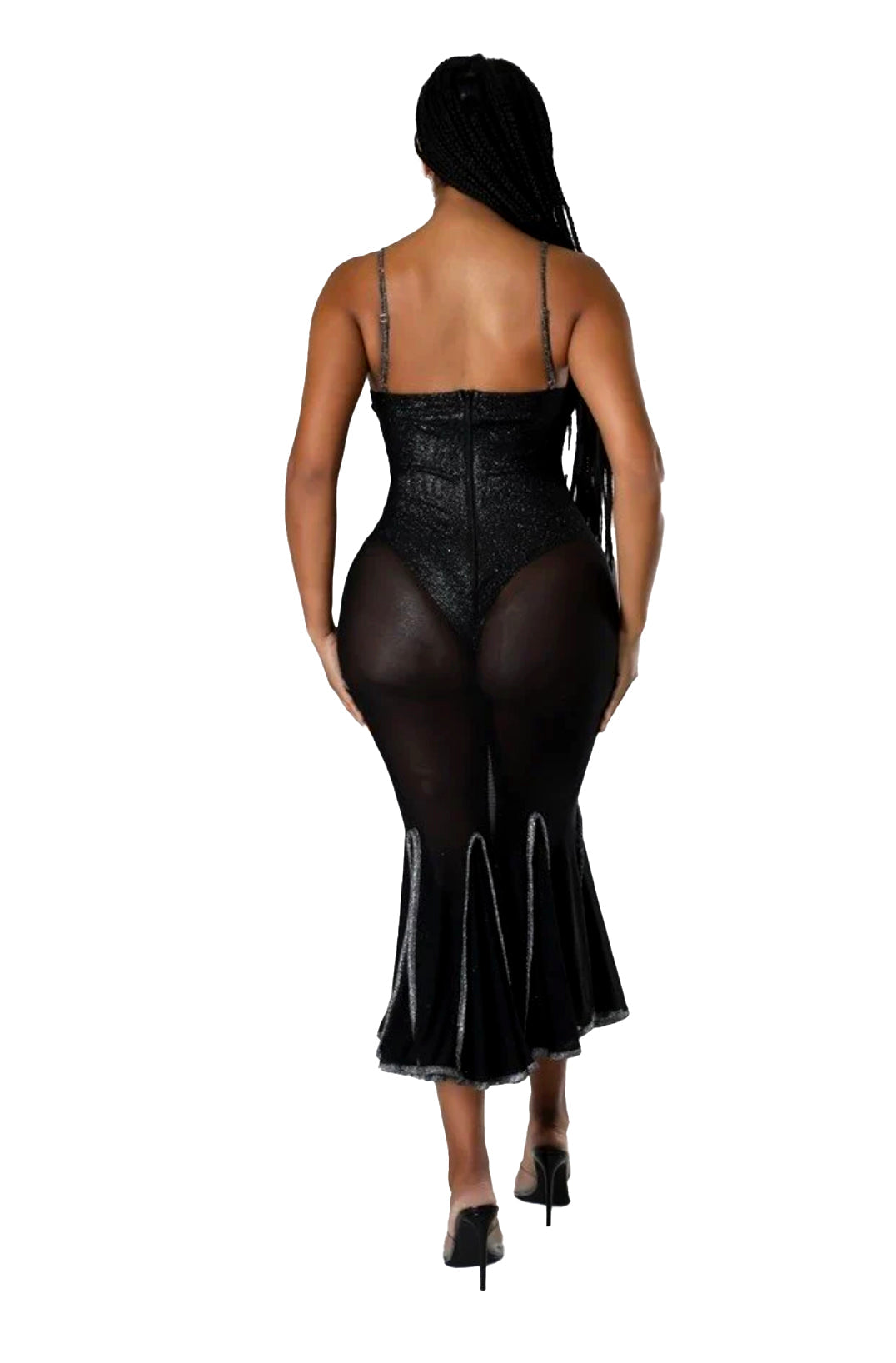 Black Sexy Rhinestone Sweetheart Nylon Dress {Bodysuit Attached}