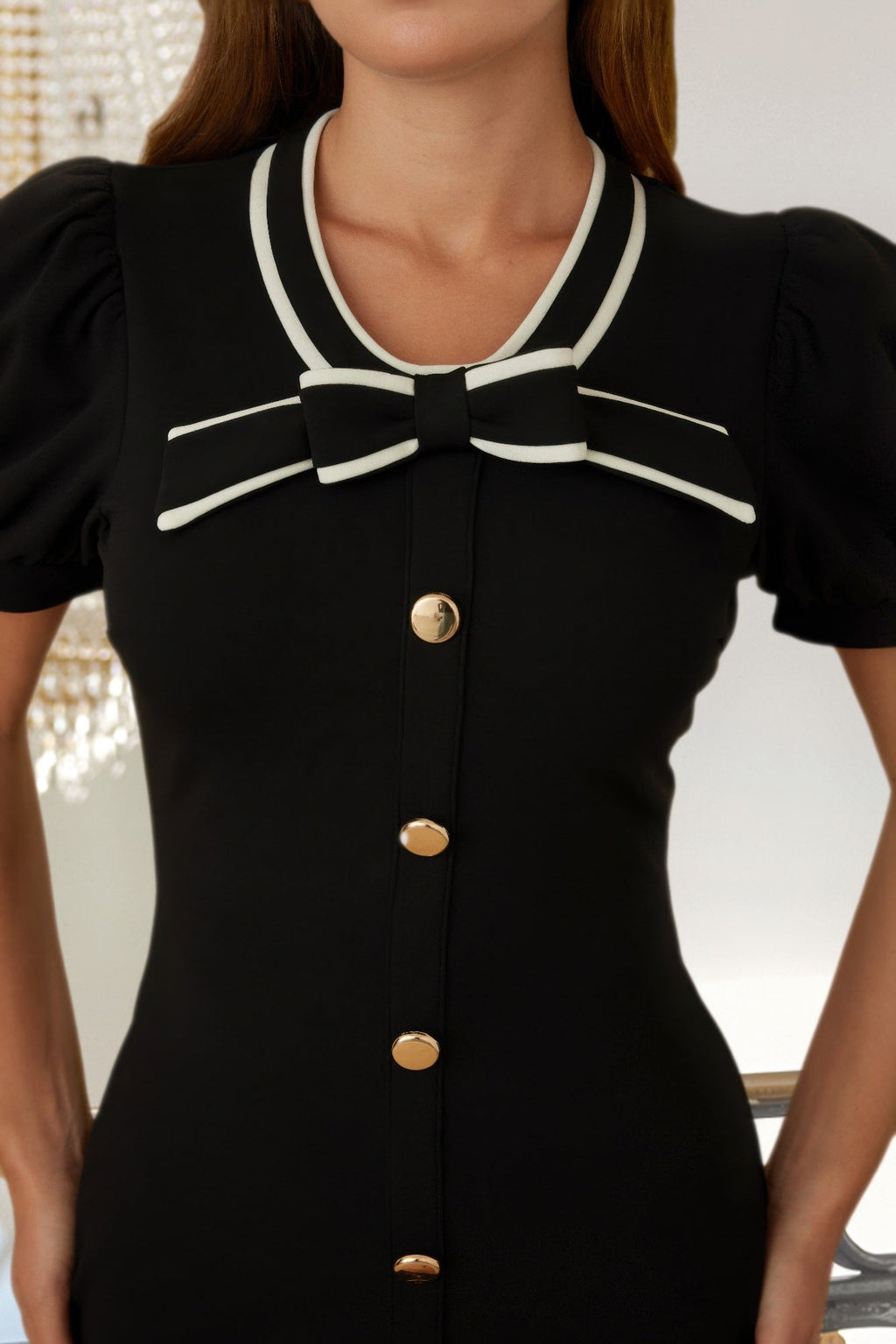 Collar Ribbon Bow Short Button Up Dress