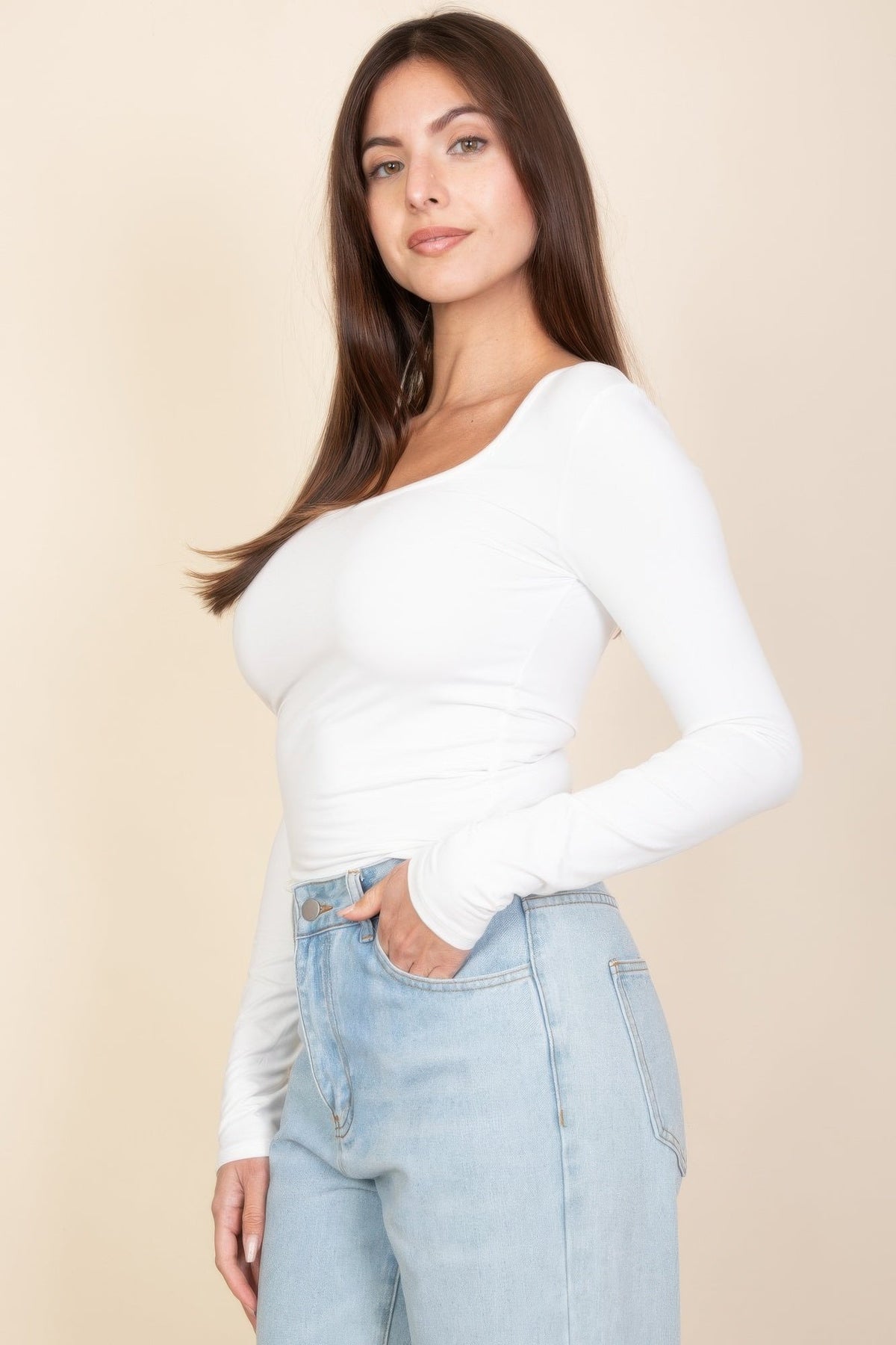 Basic Long Sleeve Square Neck Top